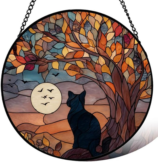 Stained Glass Window Hanging， Black Cat 6.3in Sun Catchers Indoor Window， Core Decor Inside and Outside The Cottage， Gothic Home Decor Gifts for Women， Cute Cat Lover Decor