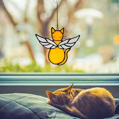 Orange Cat Memorial Gift Stained Glass Suncatcher,Angel Cat Decor Stained Glass Window Hangings,Loss of Cats Sympathy Gifts for Catss Lover,Pet Memorial Gifts for Women