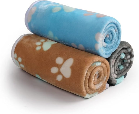 Luciphia 1 Pack 3 Blankets Fluffy Premium Fleece Pet Blanket Flannel Paw Printed Throw for Dog Cat(Large 41x31'', Grey/Brown/Blue)