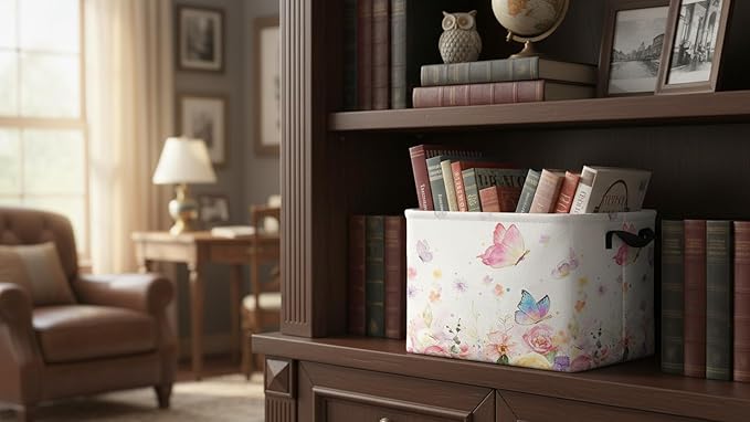 CLOCOR Rectangular Storage Basket,Collapsible Cute Pattern Storage Bin,Waterproof Books Box with Handles,Gift Basket(Golden Butterfly)