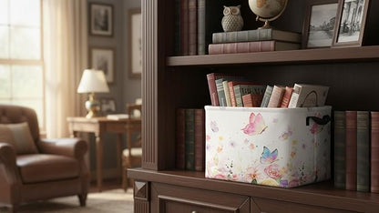 CLOCOR Rectangular Storage Basket,Collapsible Cute Pattern Storage Bin,Waterproof Books Box with Handles,Gift Basket(Golden Butterfly)