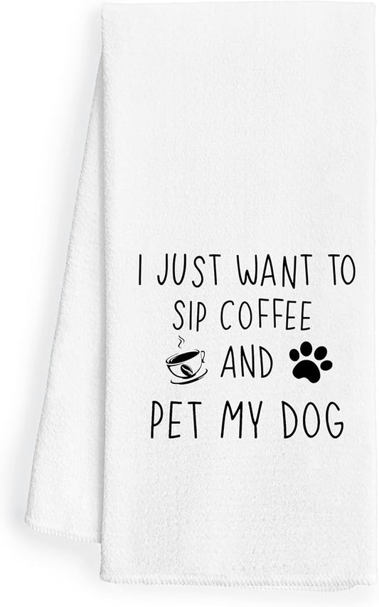 Funny Coffee Kitchen Towels 16x24 - Dog Kitchen Towels, Coffee Kitchen Decor, Coffee Towels Gifts for Coffee Bar, Funny Kitchen Decor, Dog Lovers Gifts, I Just Want to Sip Coffee and Pet My Dog