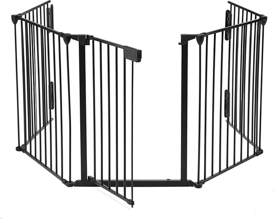 AUXSOUL 118" Wide Baby Gate Metal Safety Playpen - Fireplace Fence for Toddler/Pet/Dog, Fits 72"- 118" Wide, 5-Panel (30" H, Black)