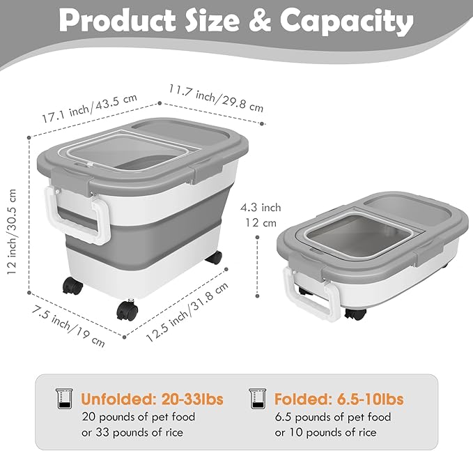 Dog Food Storage Container, 20Lbs Large Collapsible Pet Cat Food Container with Airtight Lids Wheels Handle Scoop Measuring Cup Small Container, Rice Kitchen Dry Food Storage Dispenser Bin (Grey)