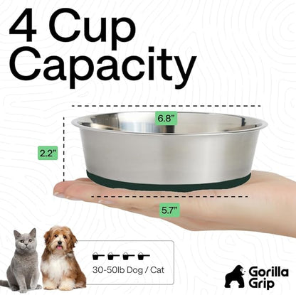 GORILLA GRIP Dog Bowls, Heavy Duty 304 Stainless Steel, Holds 4 Cups Each (32 fl oz) Food and Water Bowl for Feeding Dogs and Cats, Dishwasher Safe, Rust Resistant, BPA Free Rubber Base Set of 2 Green