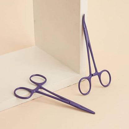 Pets ears/nose hair Puller Straight & Curved full serrated, stainless steel Home Hemostat Locking Forceps, Professional pet grooming tool for cats & dogs 2pcs set （purple）
