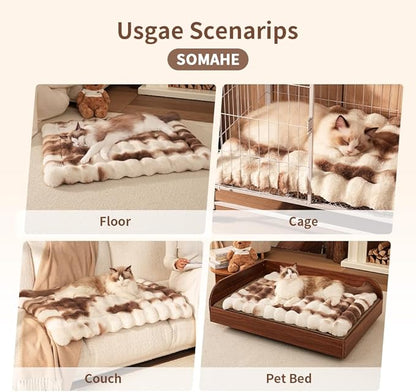 Cat Bed, Plush Faux Fur Kneading Flat Mat - Machine Washable Fluffy Pet Bed for Indoor Cats, Non-Slip Small Kitten Bed, Therapeutic Knead Cat Mat for Couch & Window Sill, 23"×15" Inch,Brown