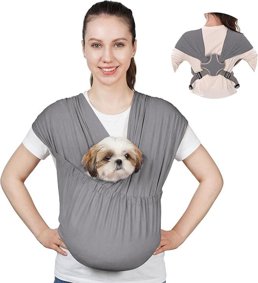 Supet Dog Sling Carrier for Small Pets, Hands Free Front Cat Sling, Reducing Back Neck Pain Anti-Anxiety, Adjustable Soft Carrying (Grey, Plus)