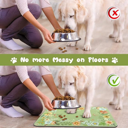 Dog Food Mats for Floors Waterproof, Pet Water Bowl Mats Pet Feeding Absorbent Placemats Flower 16 * 24 inch