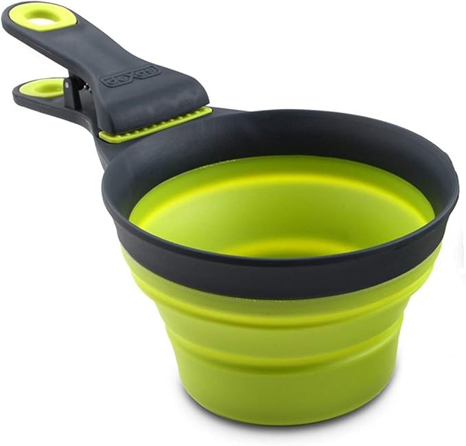 Dexas Popware for Pets Collapsible Klip Scoop, 3 in 1 Design Convenient Measuring Cup, Food Scooper and Bag Clip, 1/2 Capacity Pet Food Scoop, Versatile Food Measuring Cups Portion Control Gray/Green