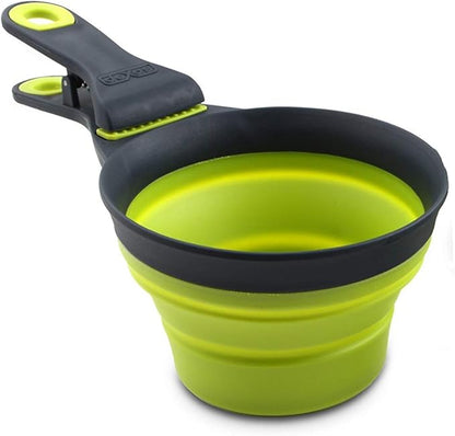 Dexas Popware for Pets Collapsible Klip Scoop, 3 in 1 Design Convenient Measuring Cup, Food Scooper and Bag Clip, 1/2 Capacity Pet Food Scoop, Versatile Food Measuring Cups Portion Control Gray/Green
