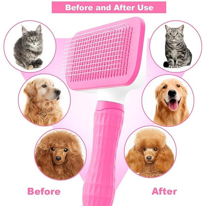 Pet hair grooming square brush with Massage Particles, Self Cleaning Dematting Comb Dogs and Cats, Easy to Use, Ergonomic Handle Design (Pink)