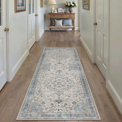 Blue Runner Rug 2x6 Washable Vintage Long Carpet Low Pile Traditional Distressed Retro Accent Indoor Hallway Throw Rug Non Slip for Kitchen Laundry Bathroom Dining Room