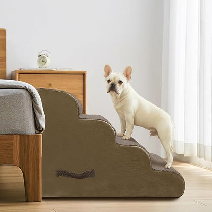 PAWSCART Pet Stairs for Dogs 4-Step, 19.6" H Pet Stairs for High Bed, Couch Sofa & Chair, 30D Material Soft Foam Dog Steps with Non-Slip Bottom Surface Removable Washable Cover, Brown