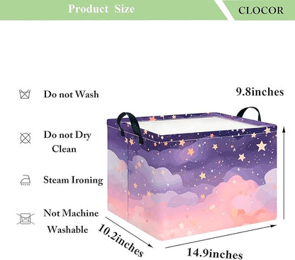 CLOCOR Rectangular Storage Basket,Collapsible Cute Pattern Storage Bin,Waterproof Books Box with Handles,Gift Basket(Pink Sky)