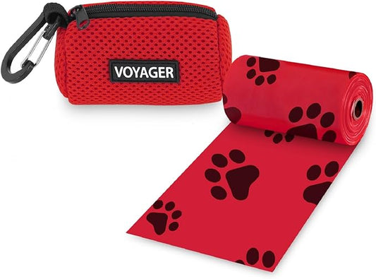 Best Pet Supplies Dog Poop Bag Holder Leash Attachment with 15 Bags, Red, Reusable Mesh Dispenser Pouch for Travel, Walking, Park, and Outdoor Use, Soft and Durable with Clip-On