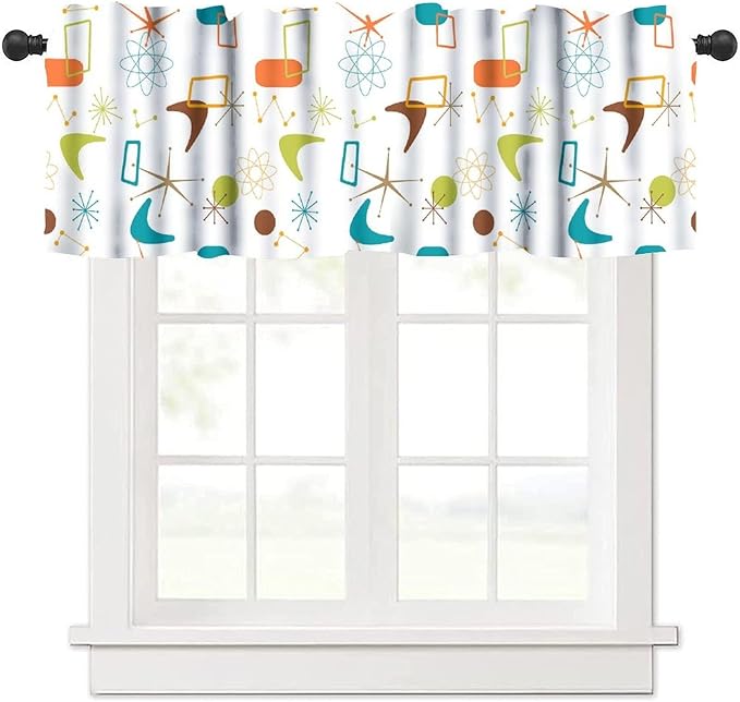 Mid Century Window Valance Curtains, Retro Atomic Starburst Vintage Modern Abstract Geometric Pattern 50s 60s Curtain Valance for Bedroom Living Room Kitchen 54x18inch