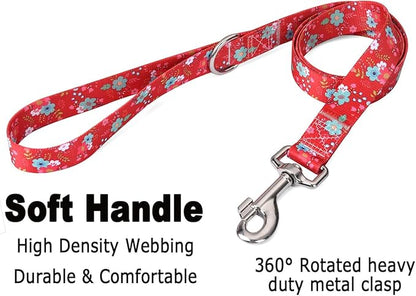 Dog Collar and Leash Set with Bohemia Floral Tribal Geometric Patterns - Soft Ethnic Style Collar Adjustable for Small Medium Large Dogs(Red Floral Set,S)
