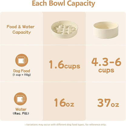 Ceramic Raised Slow Feeder Dog Bowl Set, Elevated 7.3inch Bowl and 8.2inch Slow Pet Food Dish with Wooden Stand for Medium and Large Dog (2 x Beige+ Stand)