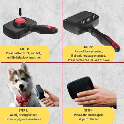 Premium Self-Cleaning Dog & Cat Grooming Brush – 2-in-1 Slicker & Undercoat Rake for Medium to Long Fur – Dual-Action Pet Hair Removal & De-Shedding Comb with Comfort Grip – Black/Red