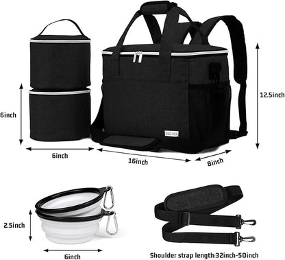 BAGLHER Dog Travel Bag Backpack Pet Supplies Backpack Pet Accessories Storage Bag 5-Piece Set With Shoulder Strap 2 Lined Pet Food Containers 4 Foldable Feeding Bowls Essential Kit for Pet travel