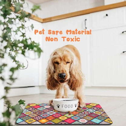 Dog Food Mats for Floors Waterproof, Pet Water Bowl Mats Pet Feeding Absorbent Placemats Bohemia 16 * 24 inch