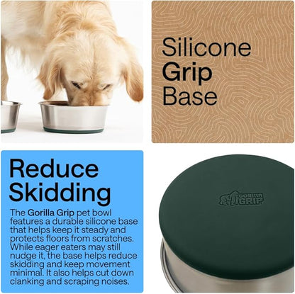 GORILLA GRIP Dog Bowls, Heavy Duty 304 Stainless Steel, Holds 2 Cups Each (16 fl oz) Food and Water Bowl for Feeding Dogs and Cats, Dishwasher Safe, Rust Resistant, BPA Free Rubber Base Set of 2 Green