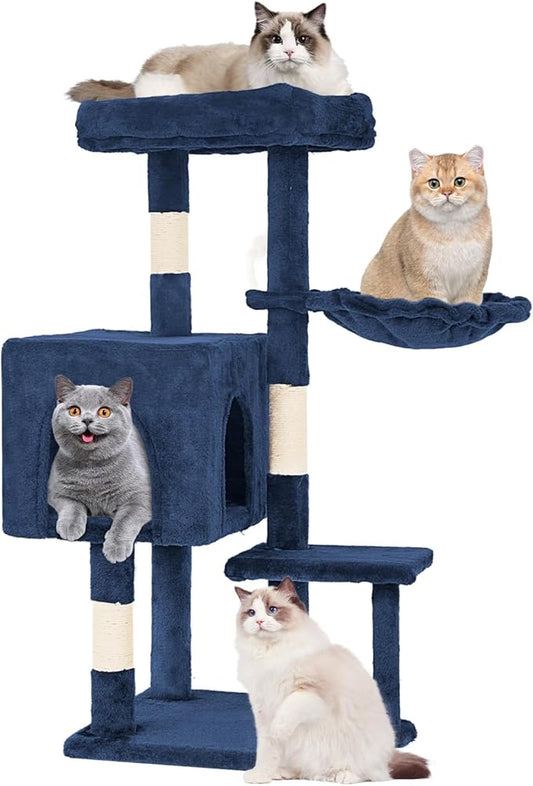 FDW 37.8 inch Cat Tree Cat Tower for Indoor Cats with Scratching Posts,Multi-Level Cat Furniture Activity Center Stand House Cat Condo Modern Cat Tower with Hanging Cradle & Funny Toy,Navy Blue