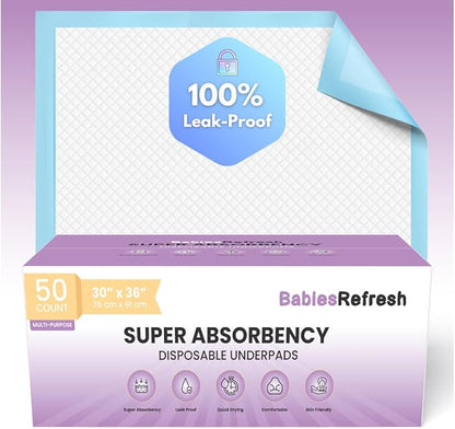 50 Count Super Absorbency XL 30” x 36" Disposable Underpads, Leakproof Quick Drying for Multi-use for Babies, Puppy Pads and Adults, Chucks, Disposable Diaper Changing Pad for Baby, Blue, Extra Large