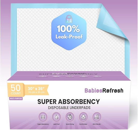 50 Count Super Absorbency XL 30” x 36" Disposable Underpads, Leakproof Quick Drying for Multi-use for Babies, Puppy Pads and Adults, Chucks, Disposable Diaper Changing Pad for Baby, Blue, Extra Large