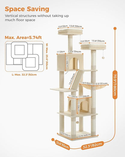 PEQULTI 71'' Cat Tree for Indoor Cats with Big Hammock, Tall Cat Tower for Large Cats with 2 Cat Condo, 2 Soft Top Perch, Scratching Posts and Pad, Beige