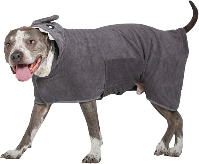 BoxDog Wearable Microfiber Dog Towel with Monster or Shark Hoodie | Soft Dog Bathrobe (Medium, Grey Shark)