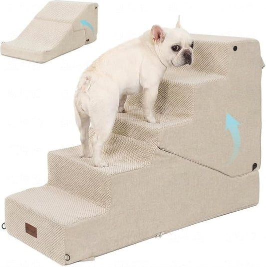 5-Step Dog Stairs and Ramp for Small Dogs and Cats, Pet Steps for High Bed with Non-Slip Bottom, Beige