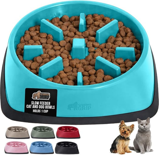 GORILLA GRIP Patented BPA Free Slow Feeder Dog Bowls, Interactive Puzzle Toy for Dogs and Cats Food Training Enrichment, Keeps Pets Busy and Prevents Puppy Overeating, Small Breeds, 1 Cup, Turquoise