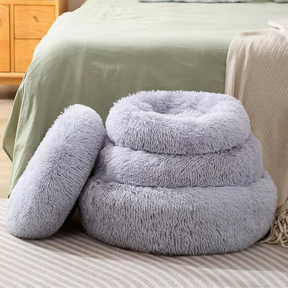 Fluffy Donut Cat Bed for Indoor Cats Kitten Bed Bunny Pillow Small Round Plush Calming Dog Bed Warm Cozy Pet Cushion for Cats Dogs Rabbits Under 3kg