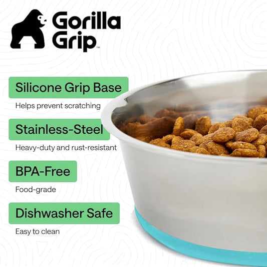GORILLA GRIP Dog Bowls, Heavy Duty 304 Stainless Steel Holds 2 Cups Each (16 fl oz) Food and Water Bowl for Feeding Dogs and Cats Dishwasher Safe Rust Resistant BPA Free Rubber Base Set of 2 Turquoise