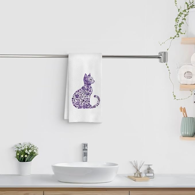 Purple Floral Cat Kitchen Towels, Cat Lovers Mom Lady Gifts Hand Towels for Bathroom, Kitty Kitten Dish Tea Towels for Kitchen Decor, 16x24 Inch