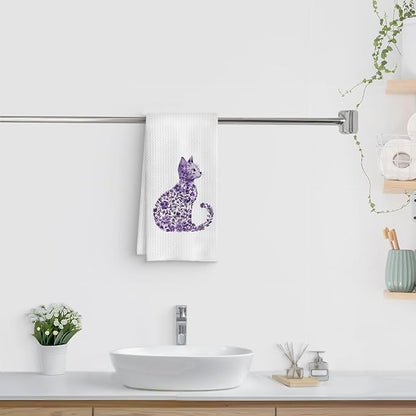 Purple Floral Cat Kitchen Towels, Cat Lovers Mom Lady Gifts Hand Towels for Bathroom, Kitty Kitten Dish Tea Towels for Kitchen Decor, 16x24 Inch