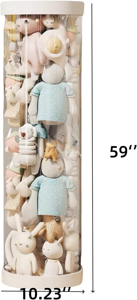 Large Stuffed Animal Storage Tube with Wheels, Tall Toy Organizer with Double Zipper, WhiteClear PET Cylinder Container for Plush Toy Organization, Space Saving Kids Room Storage