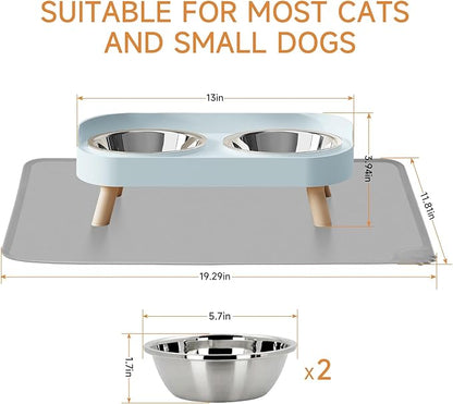 Elevated Cat Bowl with Food Mat, Raised Cat Food and Water Bowl Set for Indoor Cats, Splash Proof with 2 Stainless Steel Pet Food Bowls for Cats and Puppies,Whisker Fatigue and Dishwasher Safe (Blue)