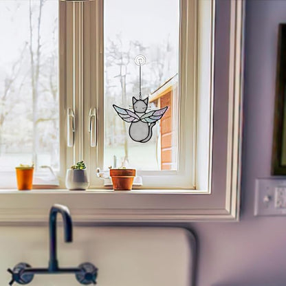 Gray Cats Gifts for Cats Lovers Suncatcher for Window,Angel Cat Memorial Gifts Stained Glass Window Hangings,Cat Loss Memorial Gifst for Women