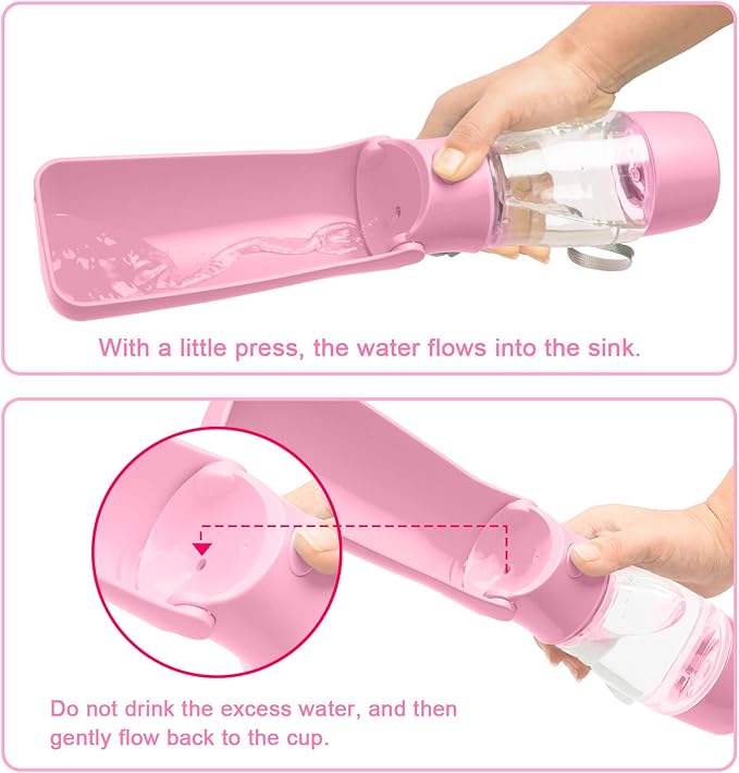 Dog Water Bottle with Food Container, Foldable Portable Puppy Travel Water Dispenser, Leak Proof Dog Water Bowl Summer Accessories for Pet Outdoor Walking Hiking (Pink)