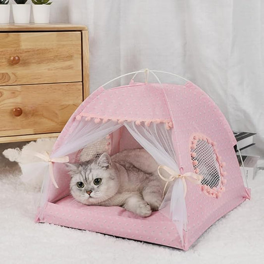 Selena Cat Bed Tents Dog House Indoor Outdoor Lace Mesh Breathable Windows Door Curtains Removable Portable Nest Teepe House (Medium,Pink(Flower))
