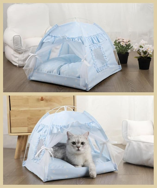 Selena Cat Bed Tents Dog House Indoor Outdoor Lace Mesh Breathable Windows Door Curtains Removable Portable Nest Teepe House (Small,Blue)