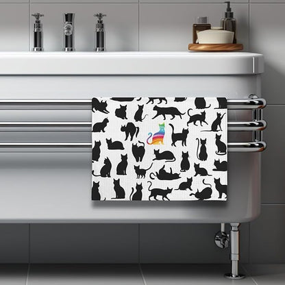 Funny Kitchen Towels - Rainbow Prismatic Feline Centerpiece Among Midnight Cat Flock, Empowering Decorative Hand Towel for Unique Cat Ladies & Nonconformist Pet Moms | Quick-Dry Novelty Dish Cloth