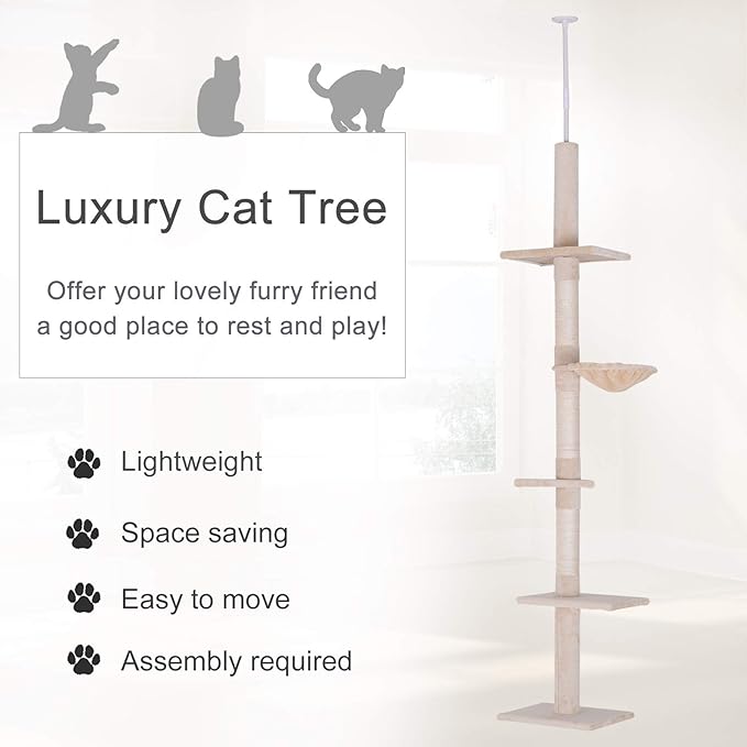 PawHut 102" Adjustable Height Floor to Ceiling Cat Tree, 5 Level Cat Tower with Scratching Posts, Hammock, Beige