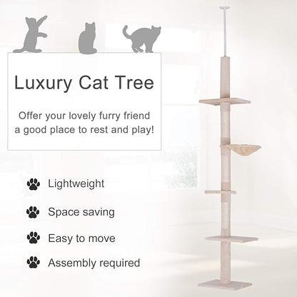 PawHut 102" Adjustable Height Floor to Ceiling Cat Tree, 5 Level Cat Tower with Scratching Posts, Hammock, Beige