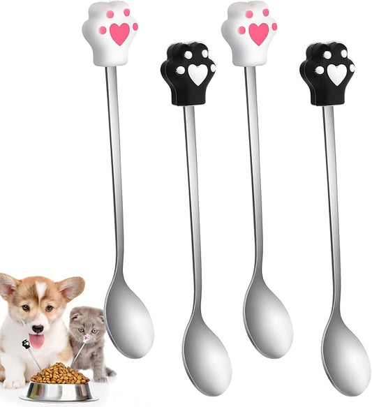4pcs Cat Spoons for Wet Food,5.9 In Long Handle Pet Food Scoop,Stainless Steel Cat Foods Spoons,Cute Silicone Cats Claw Mixing Spoon for Pet Can,Black & White