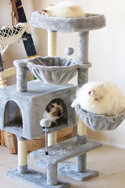 KIYUMI Cat Tree Cat Tower Condo with Sisal Scratching Post for Indoor Cats Cat Tree Cat Furniture with Hammock Perch and Kitten Ball Toys, Multi-Level Pet Activity Center Grey