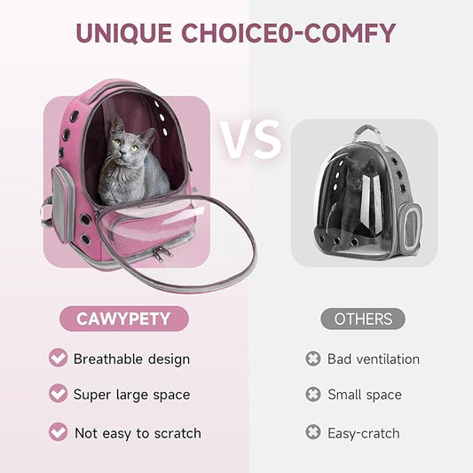 Cat Backpack Carrier, Breathable Cat Carrier Large Space Bubble Pet Backpack for Kitty Small Dog up to 12lbs, Transparent & Foldable Pet Carrier for Travel Hiking（Pink）